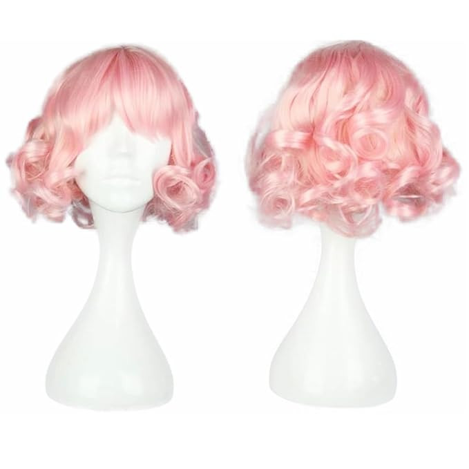 KiyaCos Short Curly Wavy Layered Harajuku Cosplay Wigs Costume Hair Pastel Pink | Amazon (US)