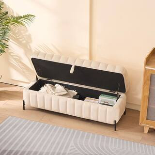 Carys 49.21 in. W Beige Velvet Upholstered Storage Bench with Metal Legs | The Home Depot