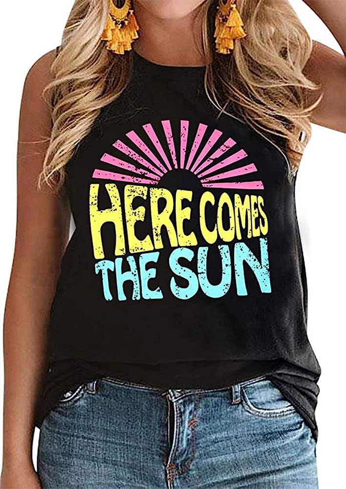 Here Comes The Sun Tank Tops Women Cute Sunshine Graphic Shirt Sleeveless Letter Print Tee T Shir... | Amazon (US)