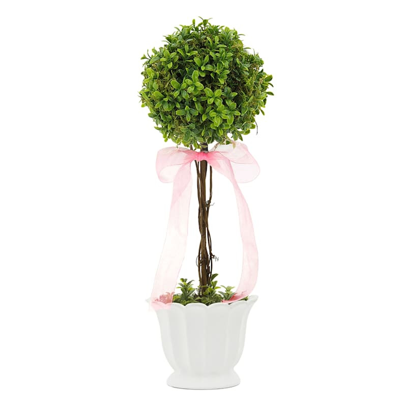 Single Ball Boxwood Topiary with Pink Bow in Ceramic Vessel, 18" | At Home