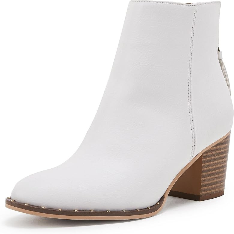 Womens Pointed Toe Ankle Boots Chunky Stacked Block Mid Heel Back Cutout Zipper Booties | Amazon (US)
