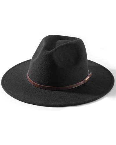 FURTALK Fedora Hats for Men Women Wide Brim Felt Panama Dress Hat with Belt Buckle Adjustable Size, Black | Amazon (US)