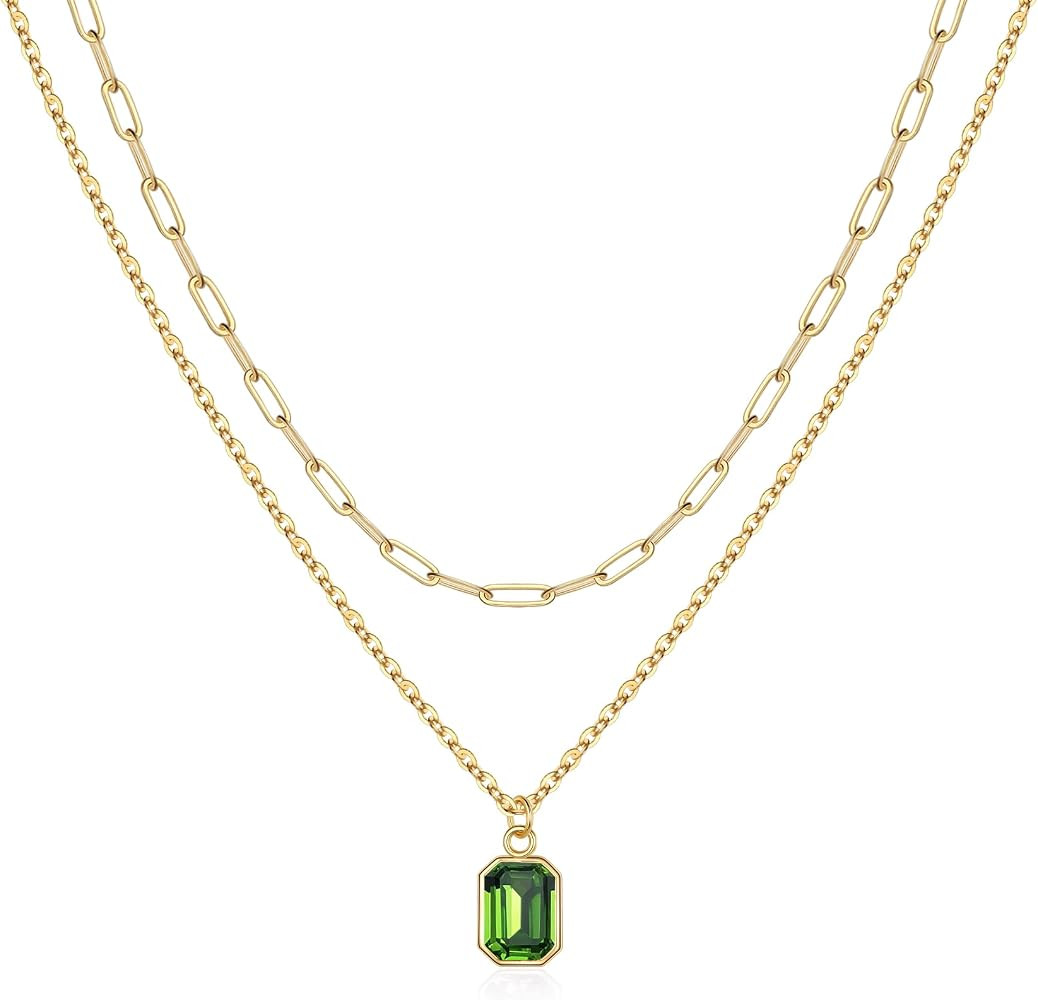 Layered Birthstone Necklace for Women Girls, Gold Plated Paperclip Chain Choker Necklace with Rec... | Amazon (US)
