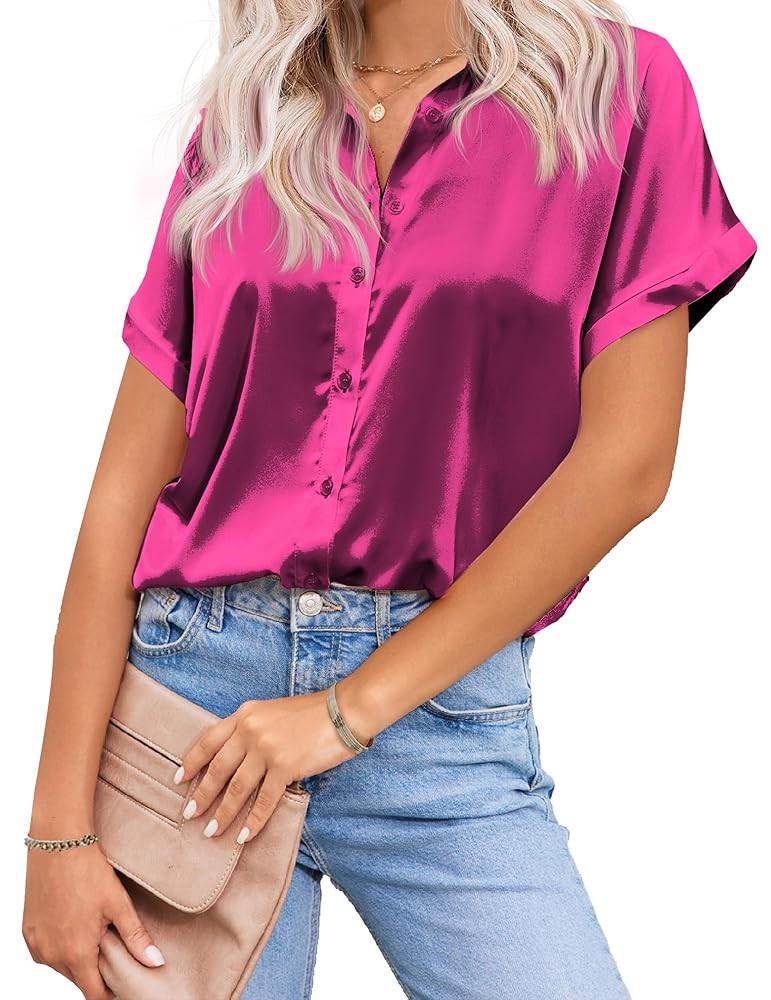 HOTOUCH Silk Button Down Shirts for Women Satin Short Sleeve V Neck Casual Work Office Blouse Tun... | Amazon (US)