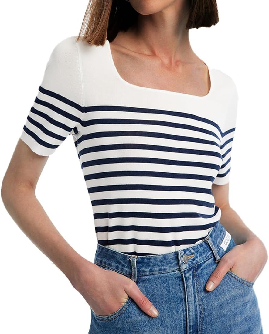 GOELIA Women's Square Neck Short Sleeve Tops Fitted T Shirts 2023 Dressy Casual Blue White Stripe... | Amazon (US)