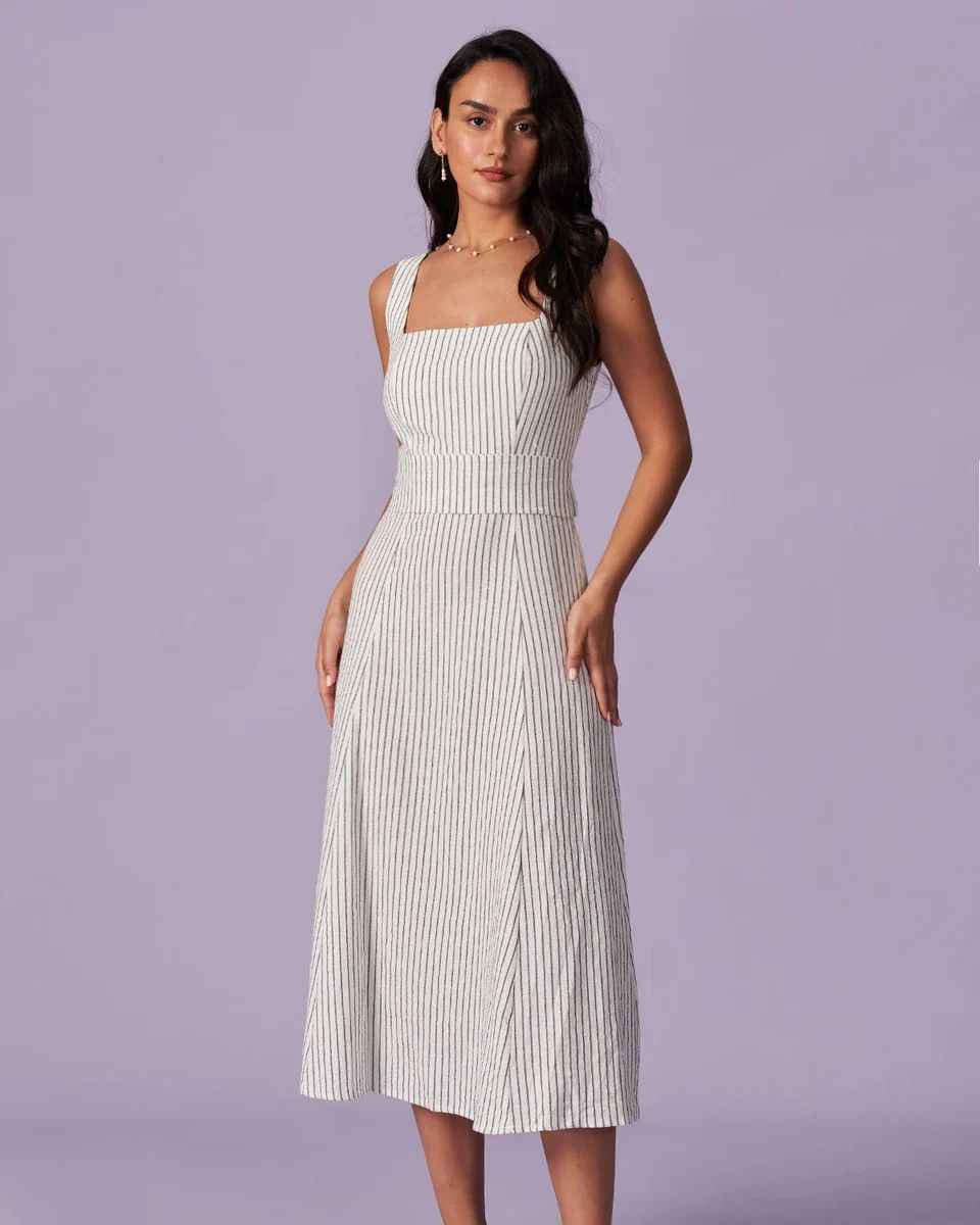 The White Square Neck Striped Midi Dress & Reviews - White - Dresses | RIHOAS | rihoas.com