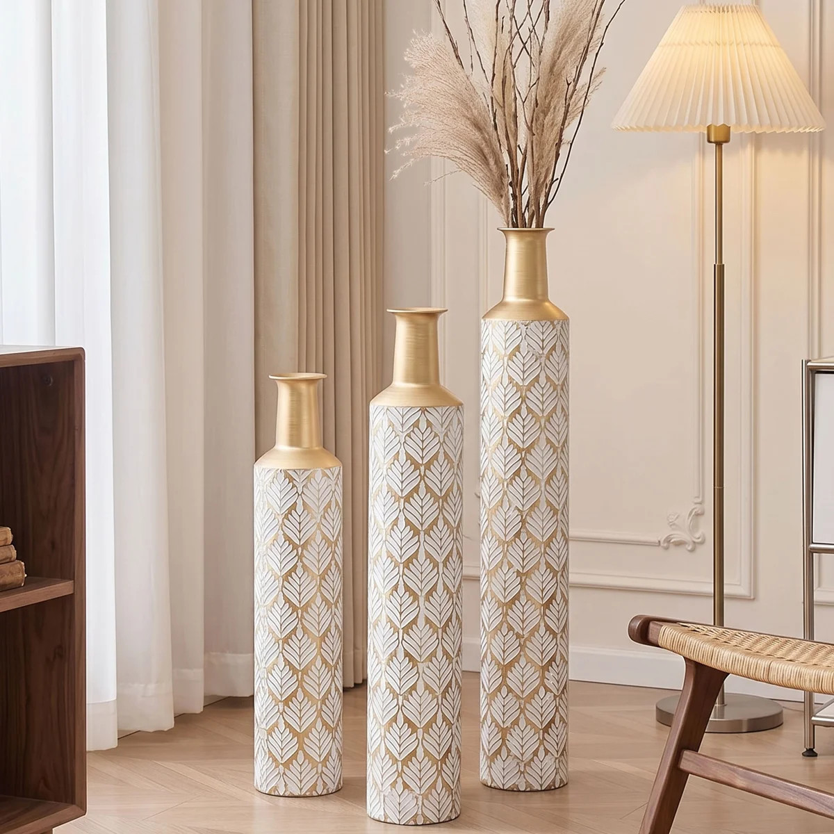 Medhansh Metal Floor Vase with Embossed Leaf Pattern, Handmade Tall Decorative Vase (Set of 3) | Wayfair North America