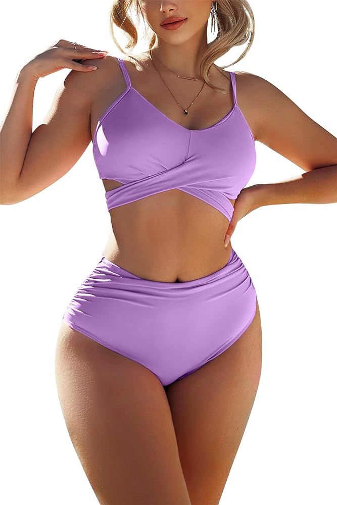 Adisputent Womens High Waisted Swimsuit Crisscross Bandage Bikini Top Wrap Swimwear Floral Print ... | Amazon (US)