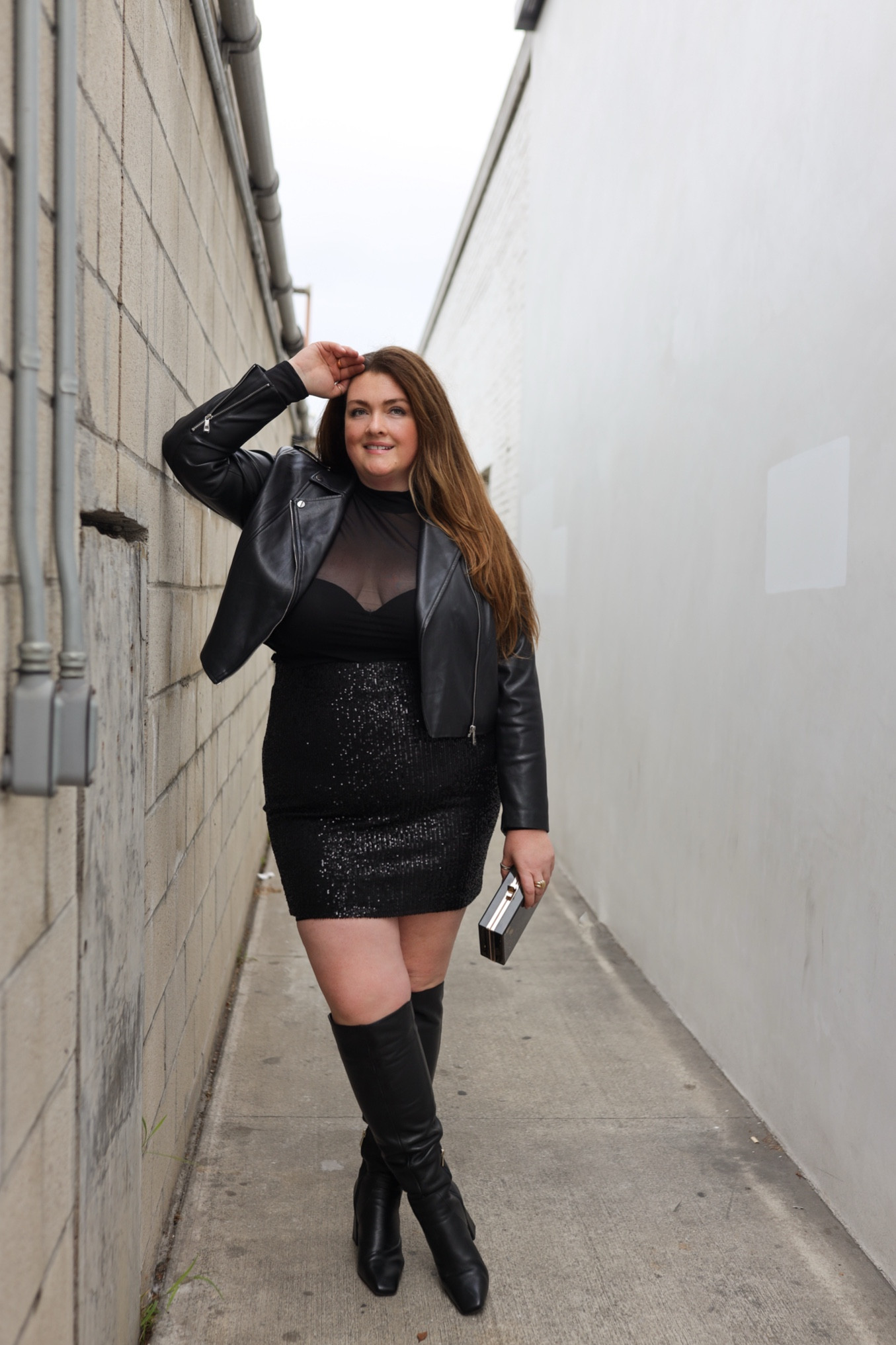 Holiday outfit idea sequin skirt with sheer top and leather jacket. True to size. 

#LTKPlusSize #LTKHoliday #LTKParties