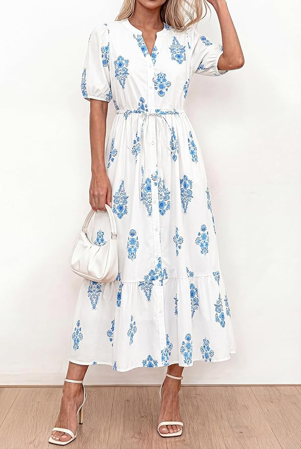 Okiwam Summer Dresses for Women 2026 Casual V Neck Short Sleeve Boho Floral Midi Dress Button Dow... | Amazon (US)