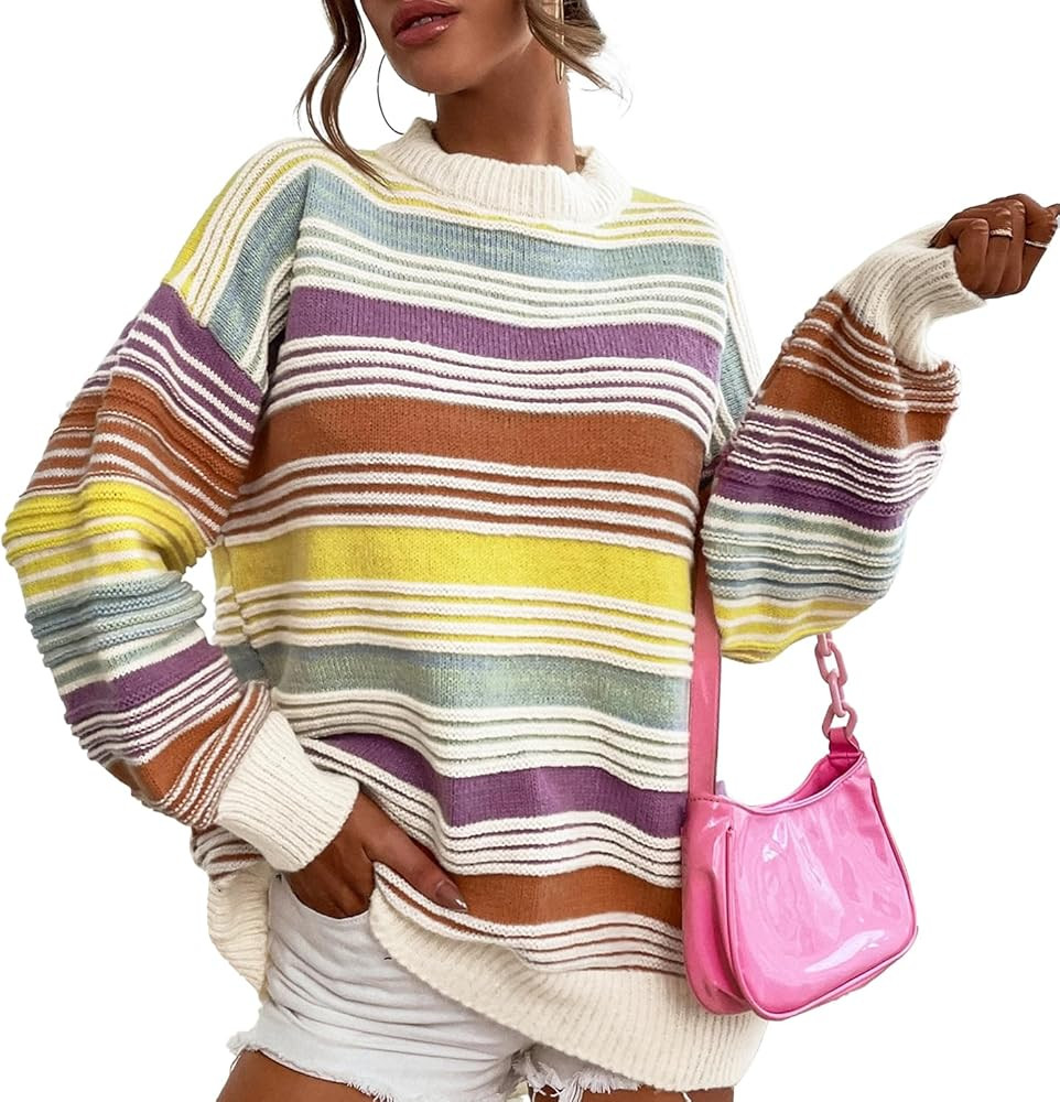 Womens Striped Pullover Sweater Contrast Cable Knit Sweaters Casual Oversized Loose Fall Winter O... | Amazon (US)