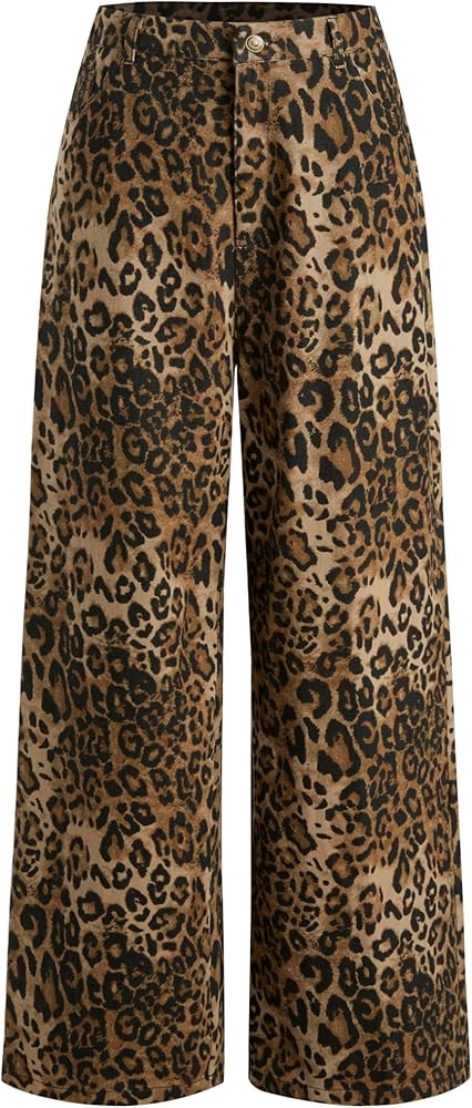 CIDER Denim Mid Waist Leopard Wide Leg Pants | Amazon (US)