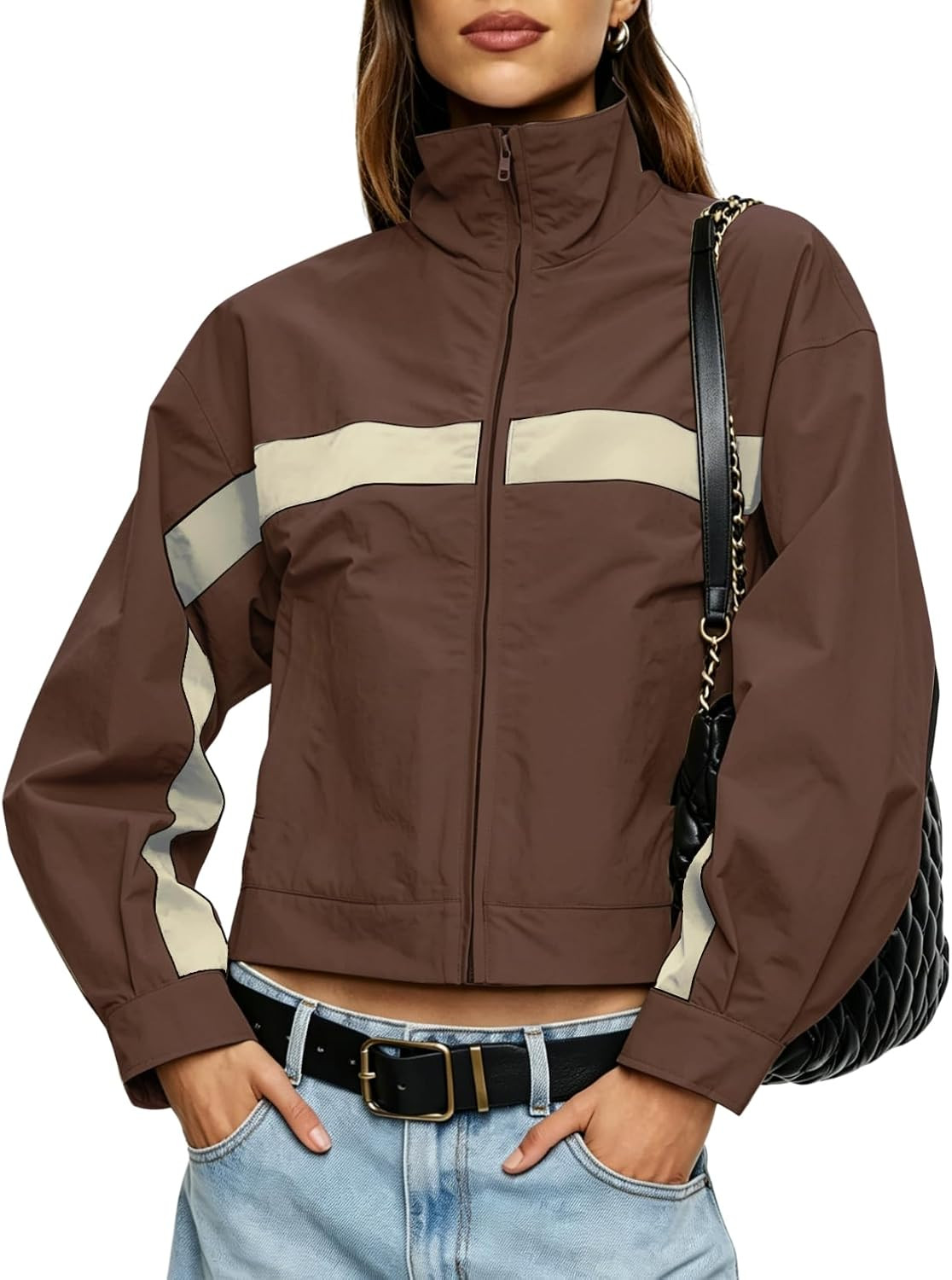 happlan Women's Stand Collar Color Block Lightweight Windbreaker Jacket | Amazon (US)