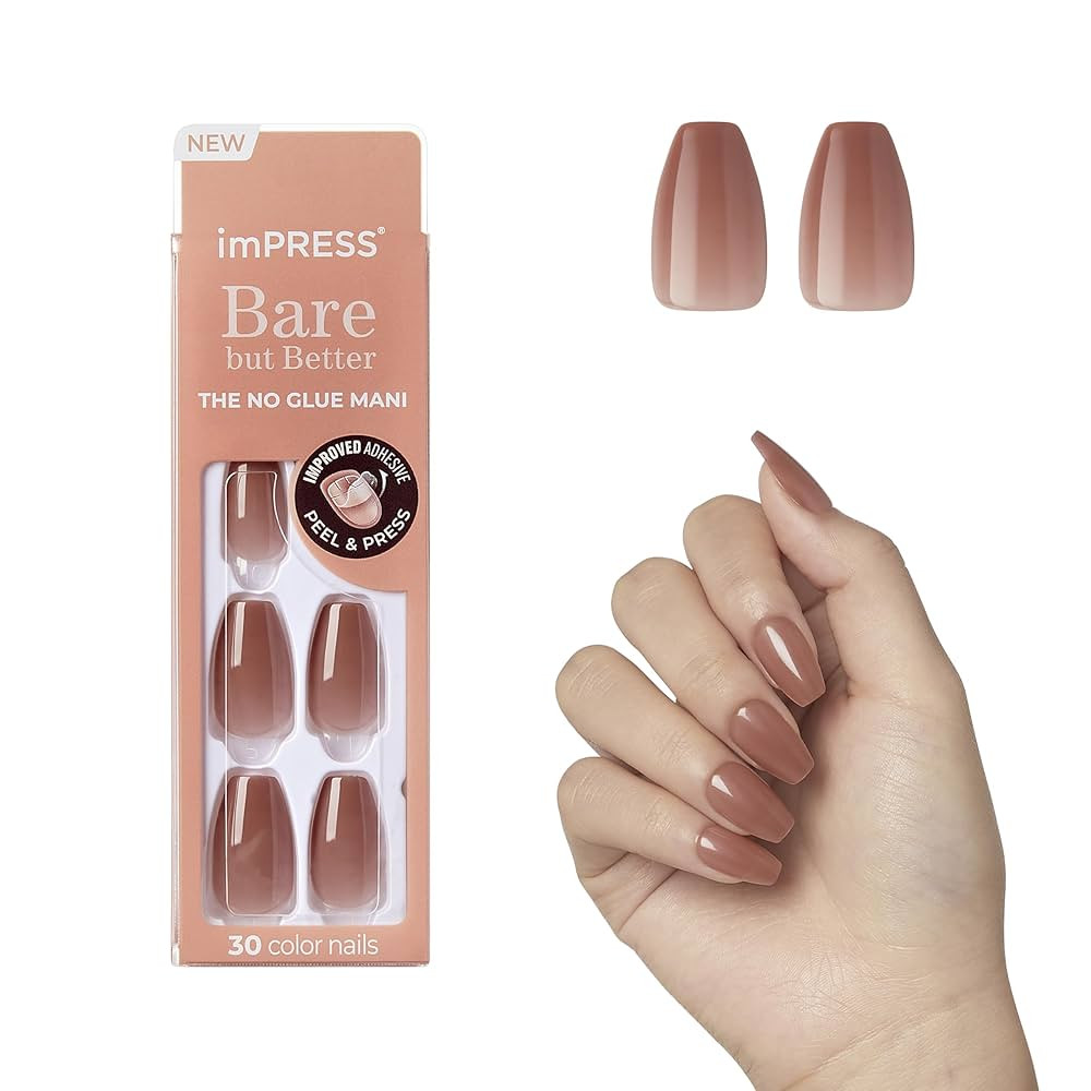 KISS imPRESS No Glue Mani Press On Nails, Bare but Better, 'Flare', Medium Neutral, Medium Size, ... | Amazon (US)