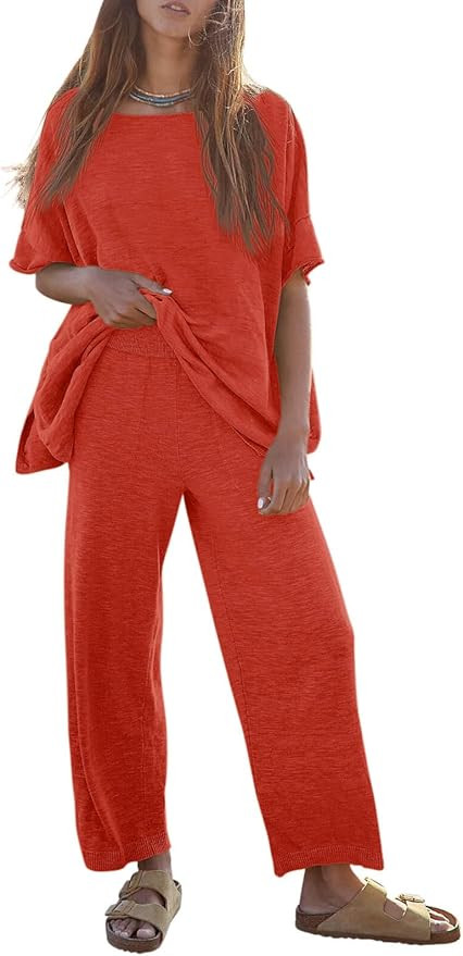 Tankaneo Women's 2 Piece Travel Outfits Casual Short Sleeve Knit Sweater Set Wide Leg Pants Loung... | Amazon (US)