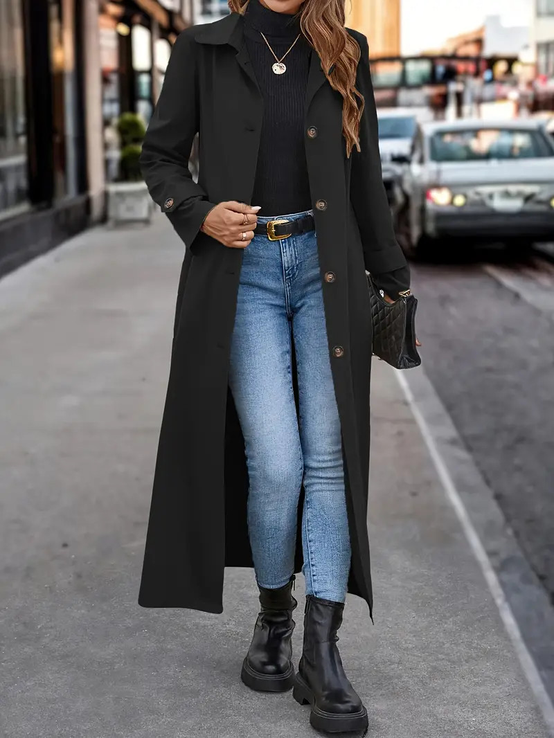 Long Length Solid Trench Coat Casual Single Breasted Long - Temu | Temu Affiliate Program