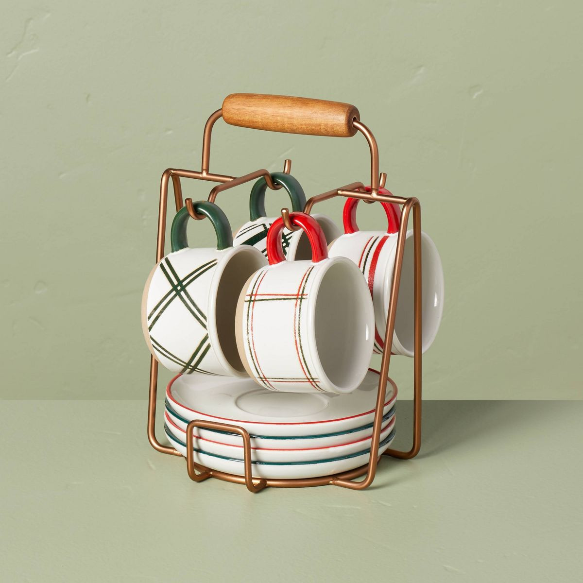 9pc Christmas Plaid Stripes Stoneware Mug & Saucer Caddy Set Red/Green/Cream - Hearth & Hand™ w... | Target