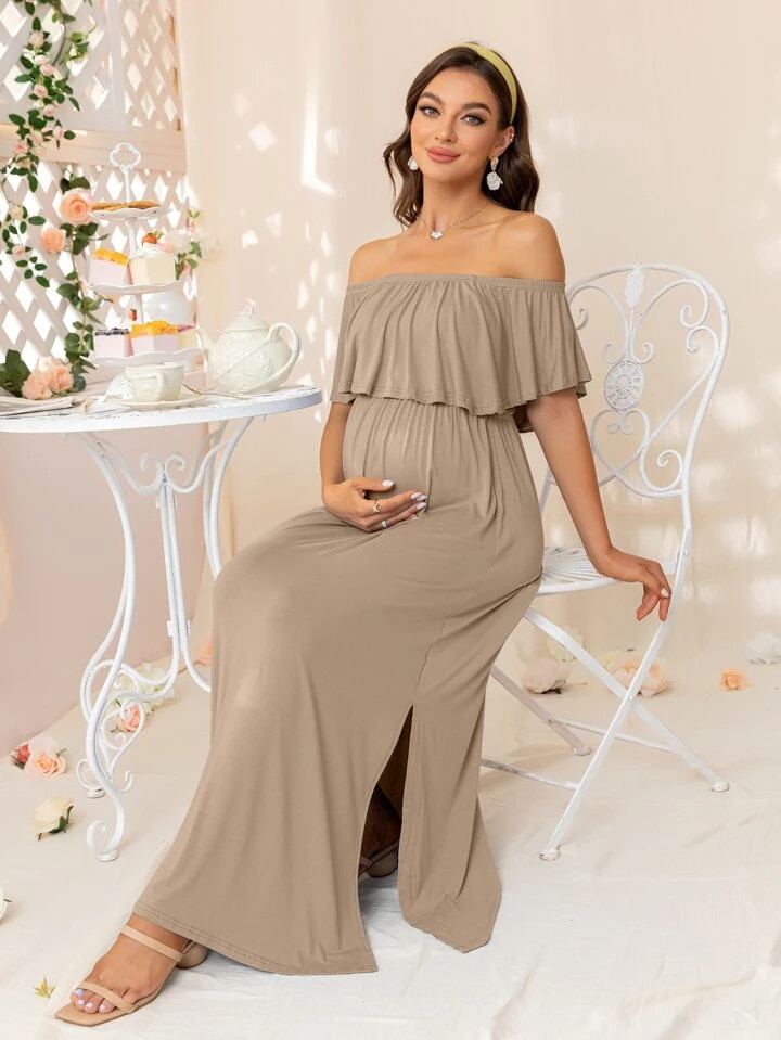 Maternity Off Shoulder Split Hem Ruffle Trim Dress | SHEIN