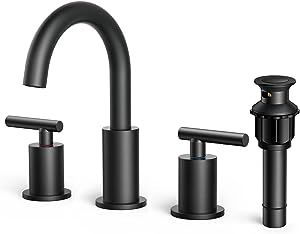 FORIOUS Matte Black Bathroom Faucet 3 Hole, 8 Inch Widespread Bathroom Faucet Black with Metal Po... | Amazon (US)