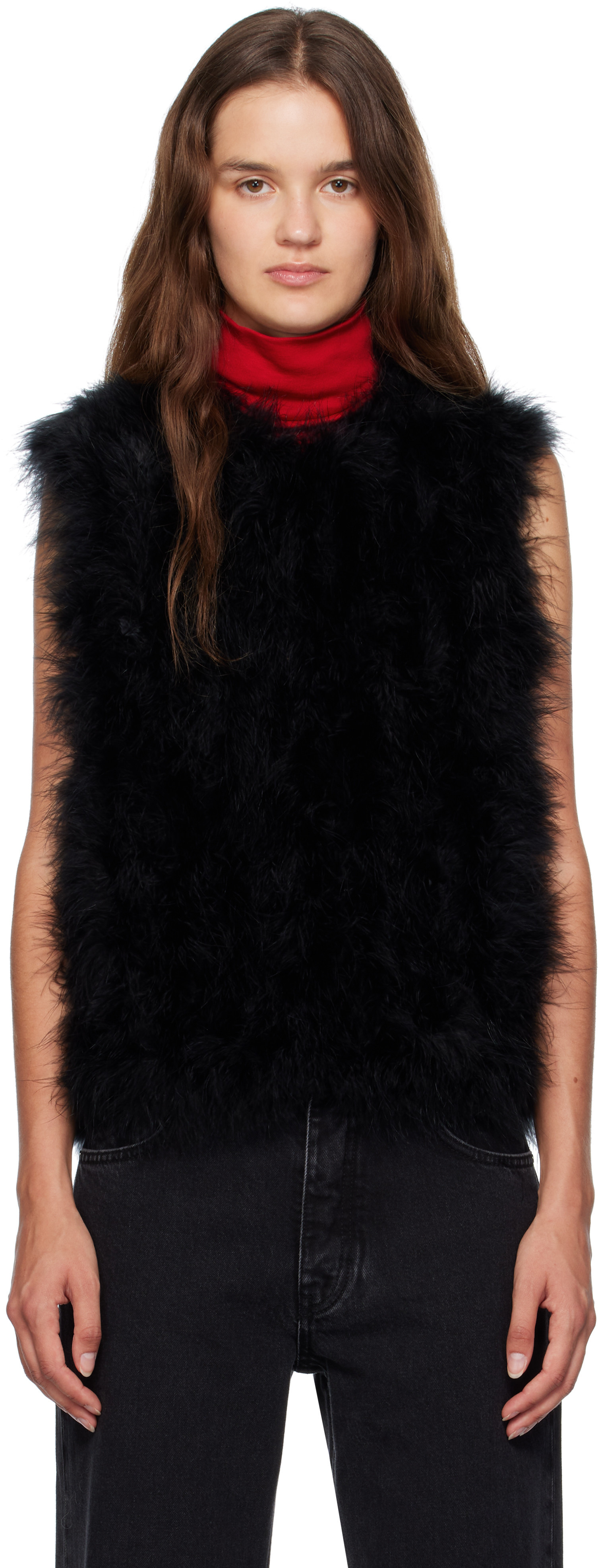 Yves Salomon Black Cropped Feather Vest | SSENSE