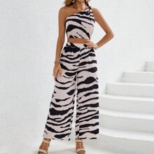 Summer Womens pcs Zebra Pattern Woven Jumpsuit With One Shoulder Top And Long Pants Ideal For Vacation | SHEIN