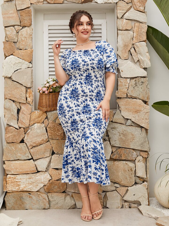 SHEIN Modely Plus Floral Print Shirred Mermaid Hem Dress | SHEIN
