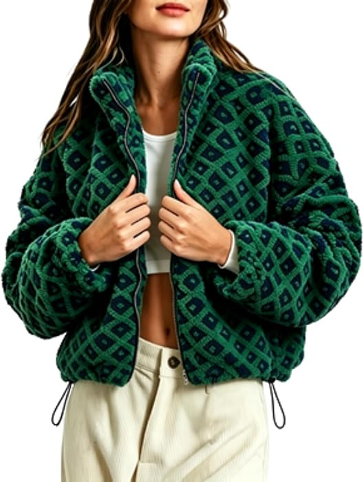 Esmeling Women\u2019s Long Sleeve Cropped Sherpa Fleece Plaid Jacket Casual Chunky Teddy Fleece O... | Amazon (US)
