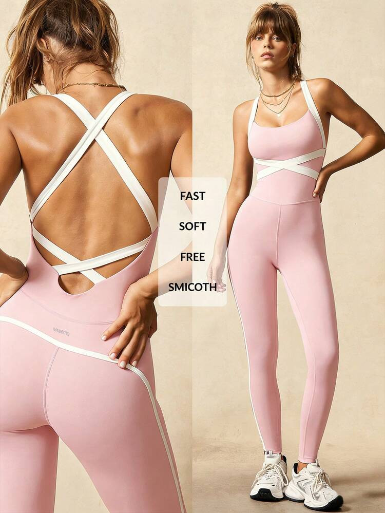 VARSIVA Women's Colorblock Backless Elastic Sleeveless Jumpsuit, Summer | SHEIN