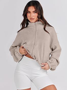 ANRABESS Women's Full Zip Cropped Fleece Sherpa Jackets Oversized Long Sleeve Workout 2023 Fall W... | Amazon (US)