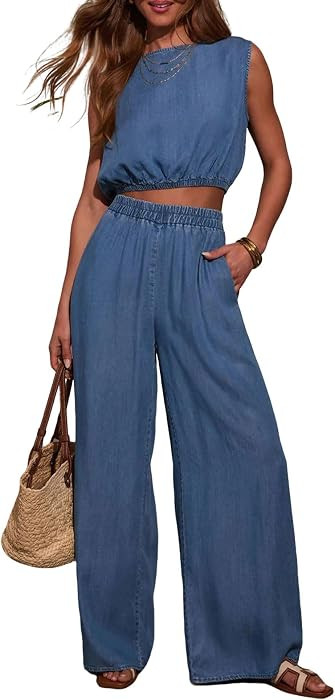 loveimgs Women Casual Pants Set Denim Two Piece Outfits Sleeveless Tank Tops Jean Matching Set El... | Amazon (US)
