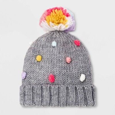 Girls' Knitted Pom Beanie - Cat & Jack™ Gray One Size | Target