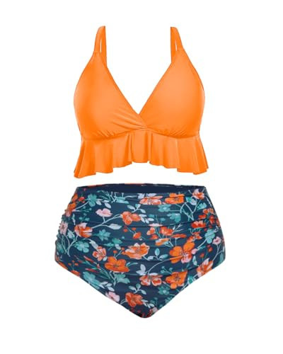 Yonique Women Plus Size Two Piece Swimsuits High Waisted Bikini Set Tummy Control Bathing Suits Ruffle Swimwear Orange Flowers 22W | Amazon (US)