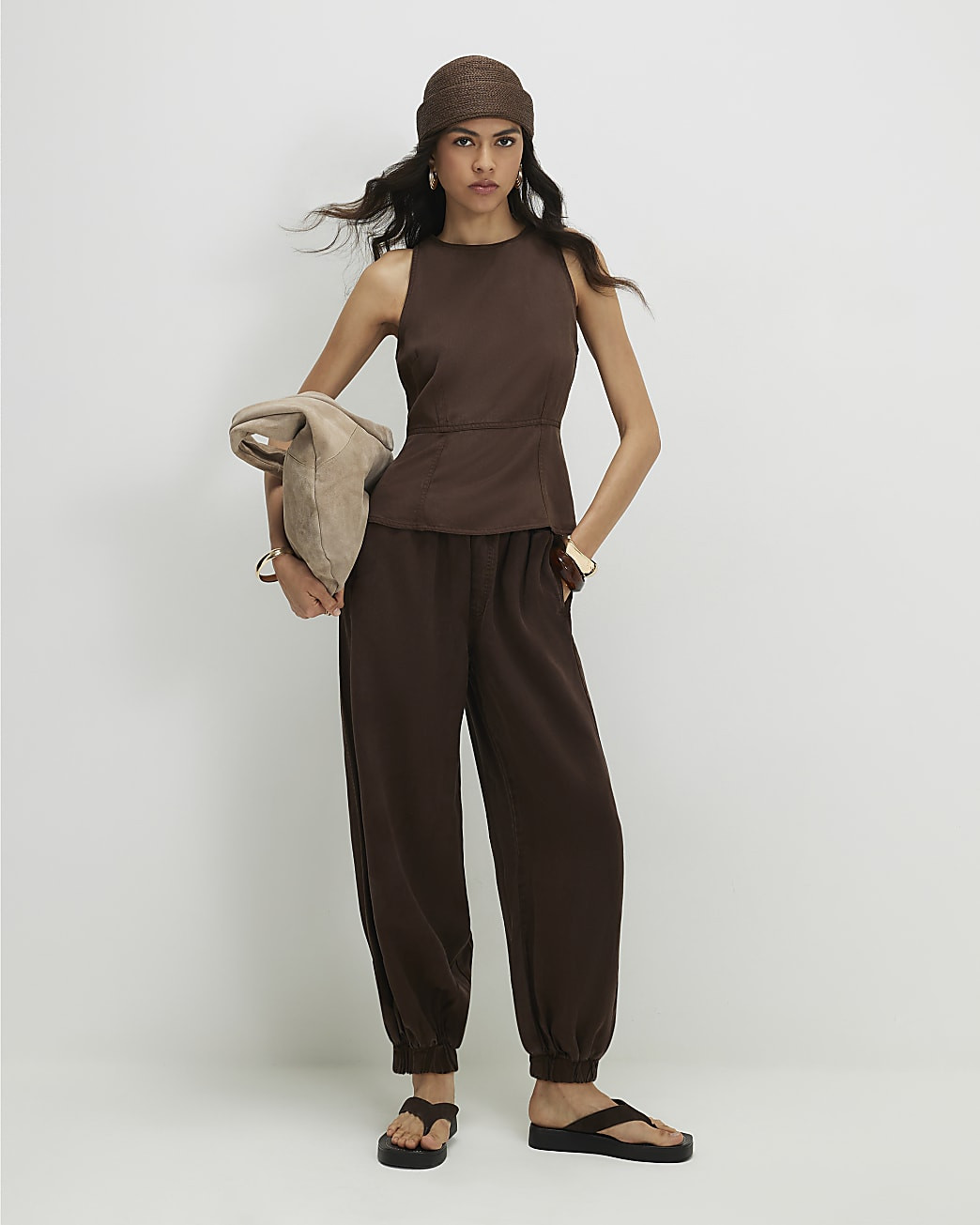 Brown Denim Cuffed Barrel Leg Trousers | River Island UK & IE