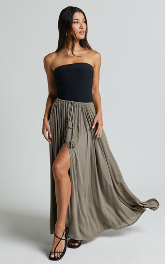 Under The Twilight Maxi Skirt - Thigh Split Skirt in Olive | Showpo (US, UK & Europe)