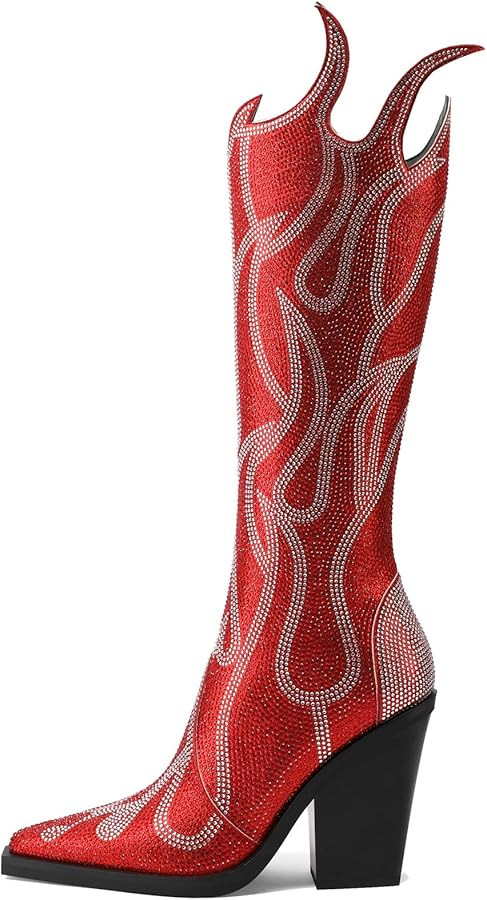 YIYA Women's Rhinestone Flame Pattern Knee High Boots Pointed Toe Chunky High Heel Fashion Side Z... | Amazon (US)