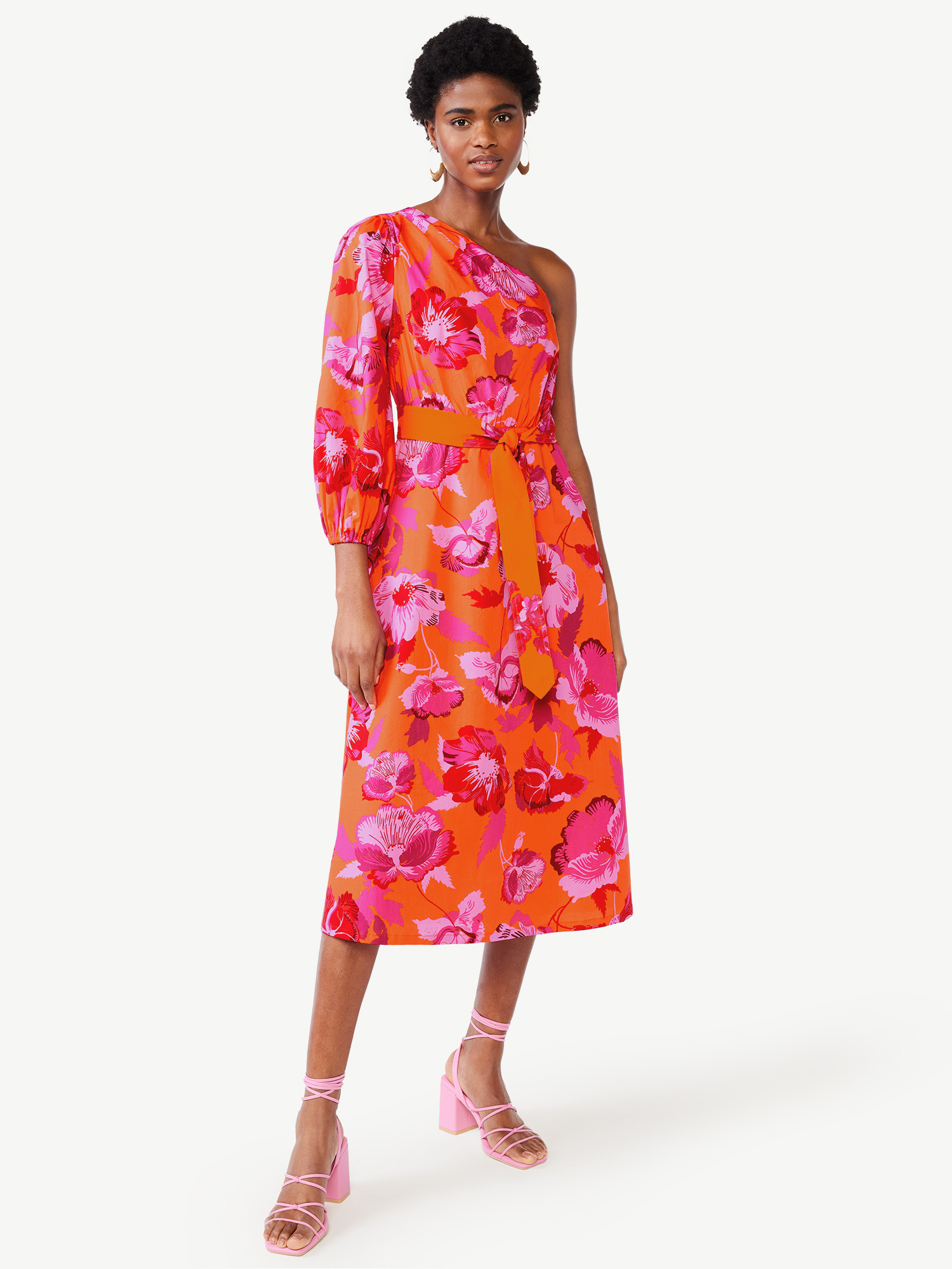 Scoop Women's One Shoulder Poplin Midi Dress, Sizes XS-XXL | Walmart (US)