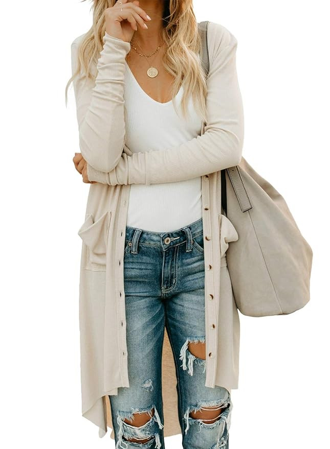 Sidefeel Women Long Sleeve Solid Color Button Down Knit Ribbed Cardigans Outwear | Amazon (US)