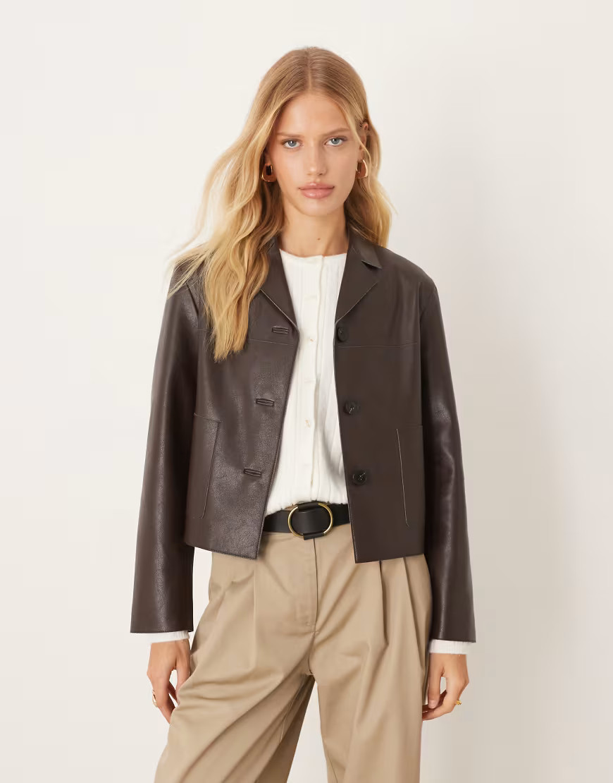 Mango faux leather short jacket in brown | ASOS (Global)