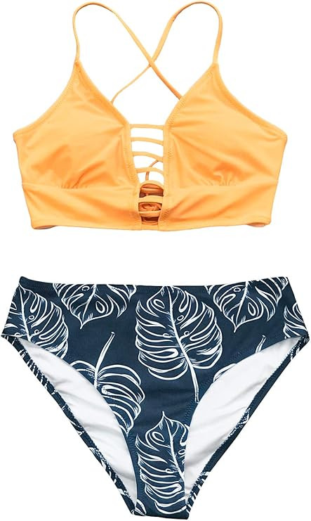 CUPSHE Women’s Bikini Swimsuit Floral Print Lace Up Multi Color Strappy Two Piece Bathing Suit | Amazon (US)
