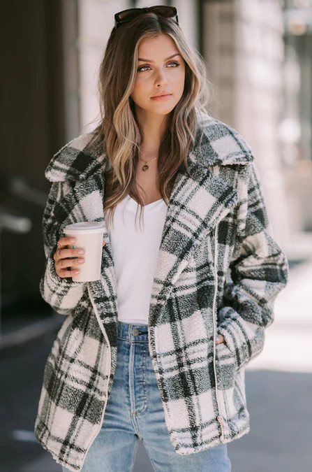 Elite Plaid Teddy Jacket | Amaryllis Apparel