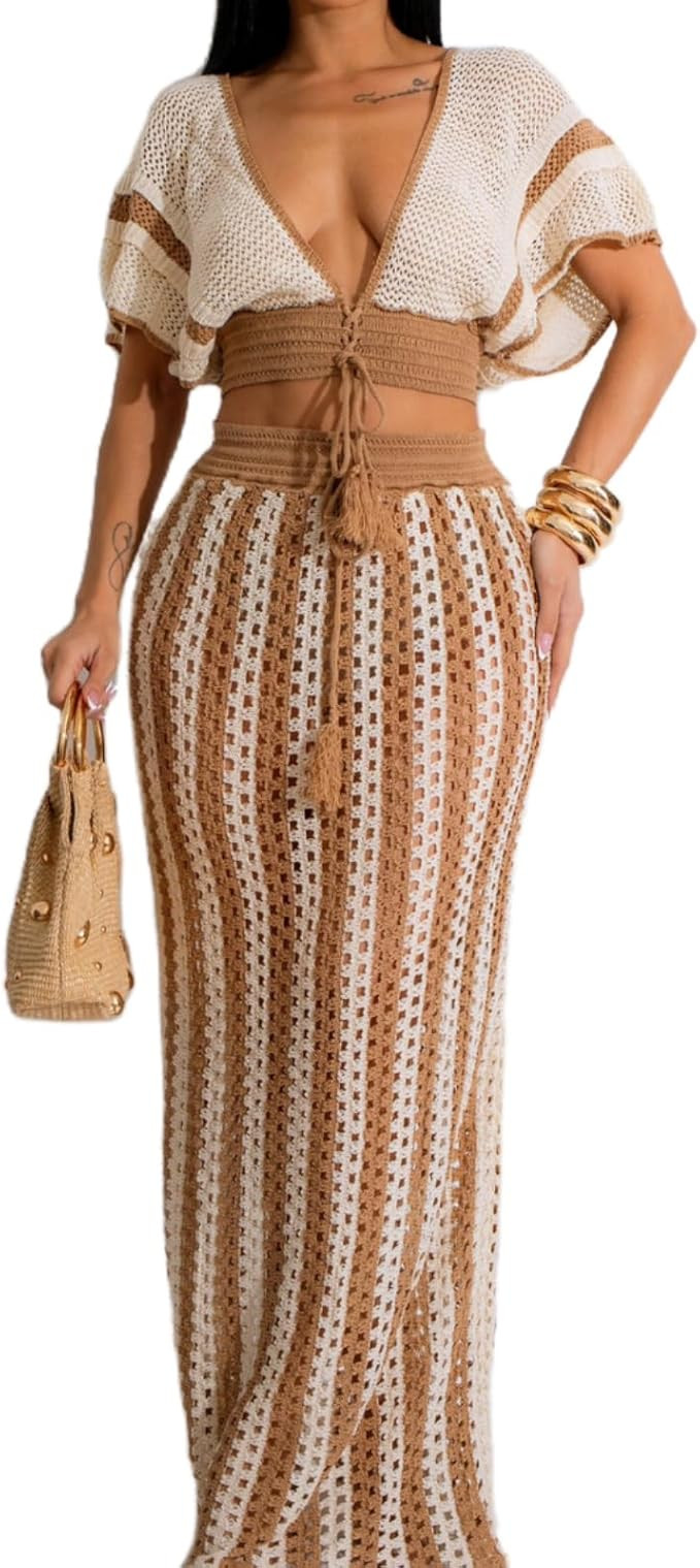 Womens Knit 2 Piece Outfits Short Sleeve Hollow Out Top Striped Maxi Skirt Summer Vacation Sets | Amazon (US)