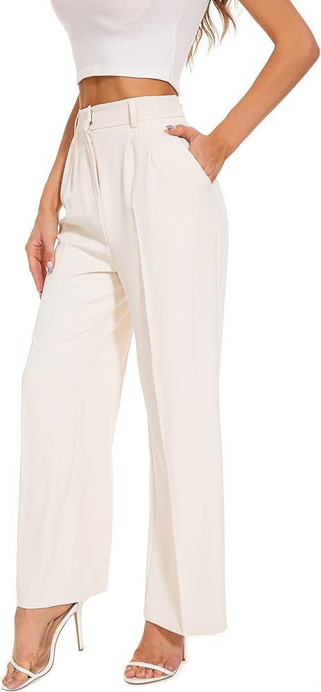 FUNYYZO Women's Wide Leg Pants High Elastic Waisted in The Back Business Work Trousers Long Strai... | Amazon (US)