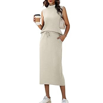 Casly Lamiit Women's 2 Piece Set Summer Casual Sleeveless Mock Neck Top Midi Skirts Lounge Travel... | Amazon (US)