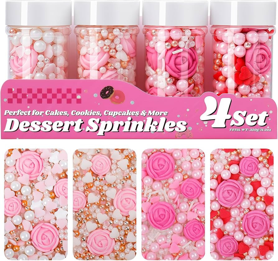 Valentines Sprinkles, 11.3oz Edible Pink White Red Heart Rose Sprinkles, 4 Jar Gift Set Mix Pearl... | Amazon (US)