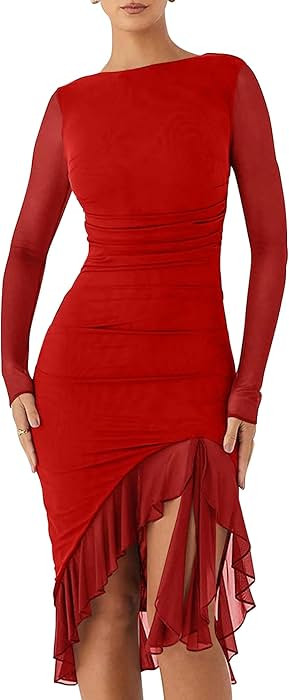 BORIFLORS Women's Sexy Ruched Bodycon Midi Dresses Elegant Mesh Long Sleeve Ruffle Hem Cocktail P... | Amazon (US)