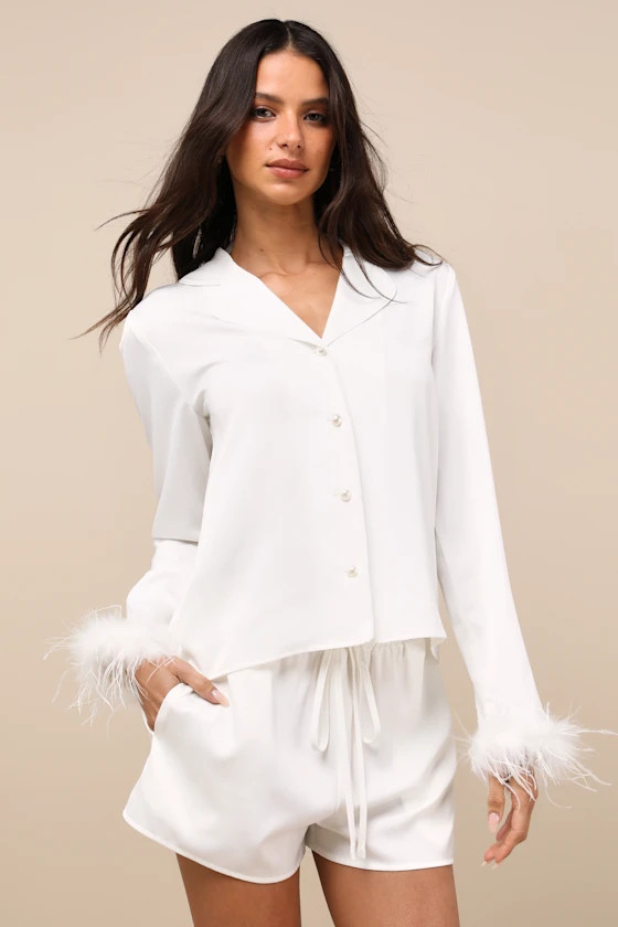 Lindon Ivory Satin Feather Two-Piece Pajama Set | Lulus