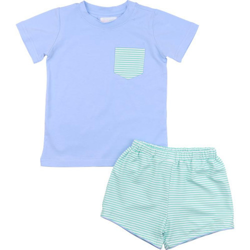 Blue And Mint Knit Check Pocket Short Set | Cecil and Lou