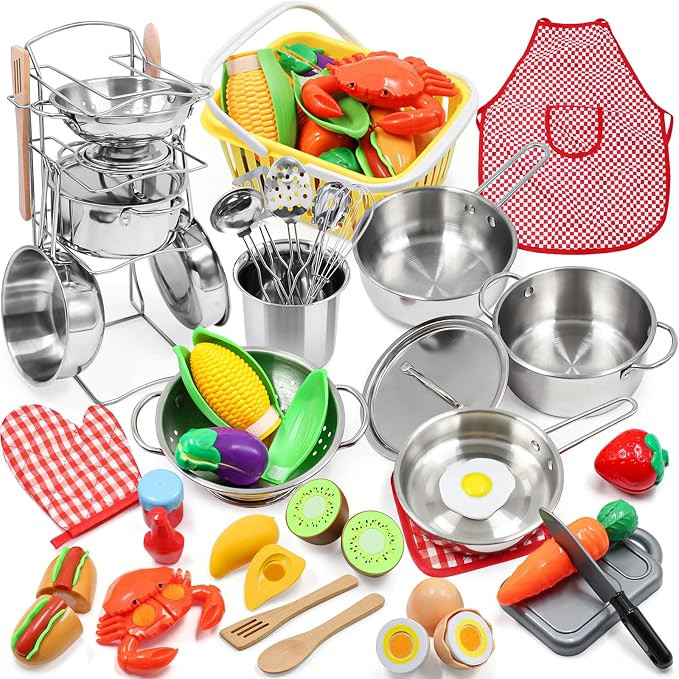 Kids Pretend Play Kitchen Toys Accessories Set, 32PCS Stainless Steel Toy Pots and Pans Sets w/ R... | Amazon (US)