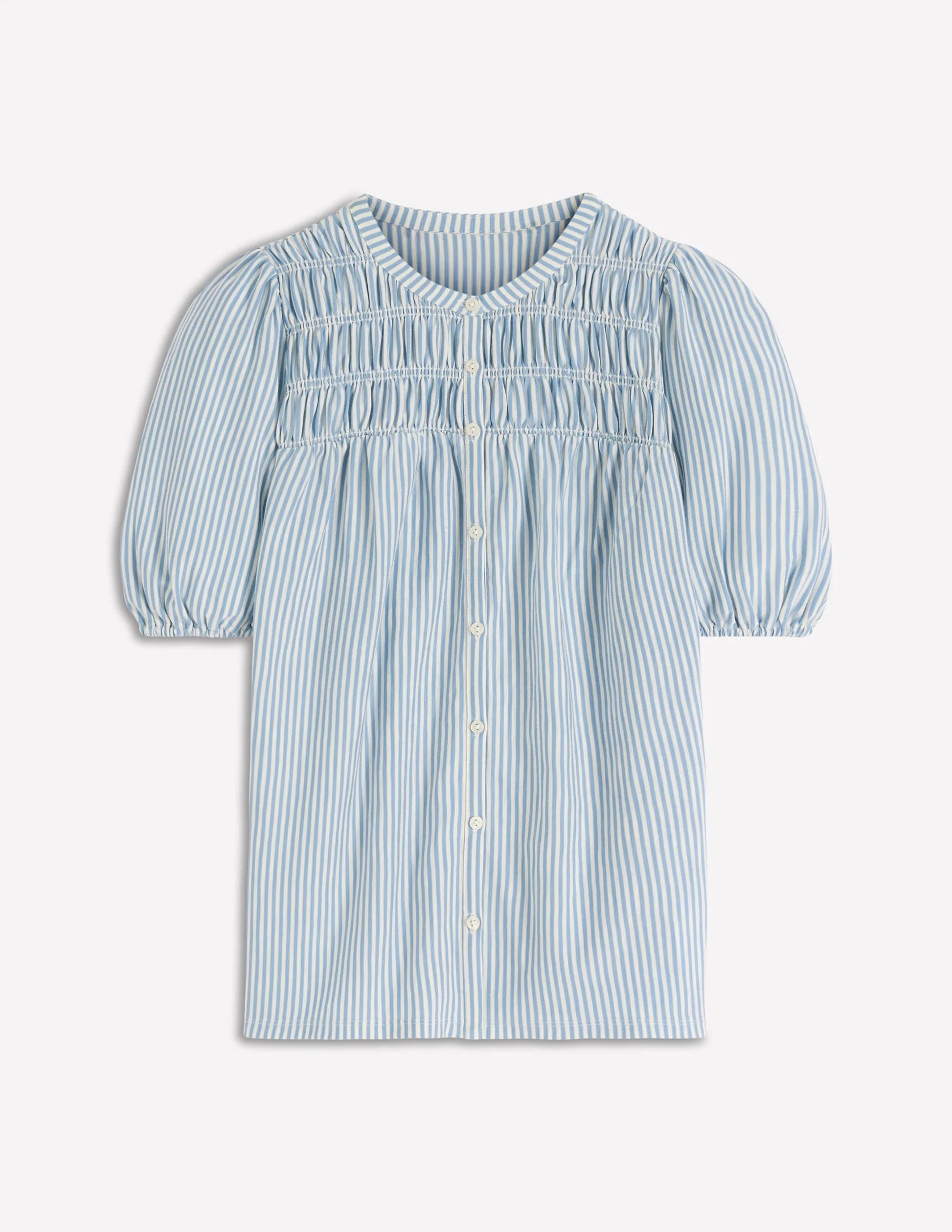 Mya Short Sleeve Smocked Shirt-French Blue and Ivory Stripe | Boden (US)