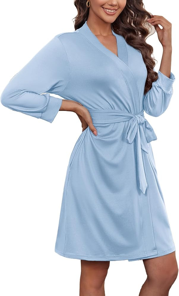 Ekouaer Women's Robe Lightweight 3/4 Sleeve Knit Bathrobe Soft Knee Length Sleepwear Robes with P... | Amazon (US)